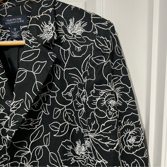 Jones New York Signature 100% Linen Black&White Floral Embroidered Jacket Sz 12 - Picture 3 of 13